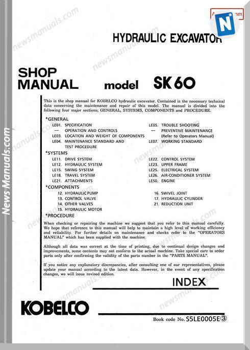 Kobelco Sk60 Hydraulic Excavator Book Code No S5Le0005E