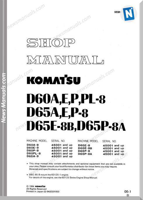 Komatsu Bulldozers D60Pl 8 Shop Manual