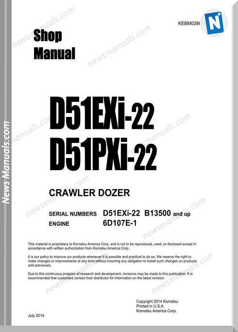 Komatsu Crawler Doozer D51Pxi 22 Shop Manual