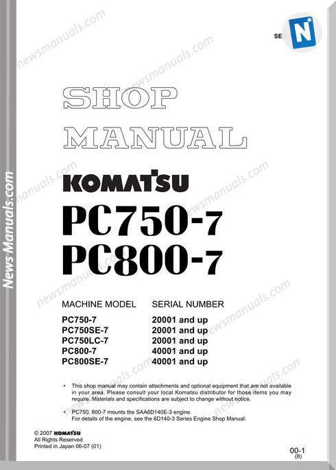 Komatsu Crawler Excavator Pc800-7 Shop Manual