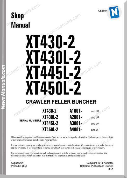 Komatsu Crawler Feller Bunchers Xt450L-2 Shop Manual