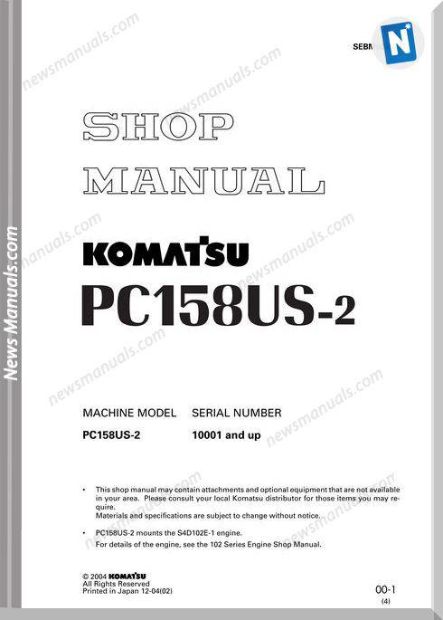 Komatsu Hydraulic Excavator Pc158Us 2 Shop Manual