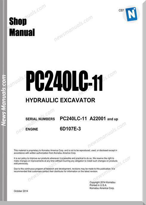 Komatsu Hydraulic Excavator Pc240Lc 11 Usa Shop Manual