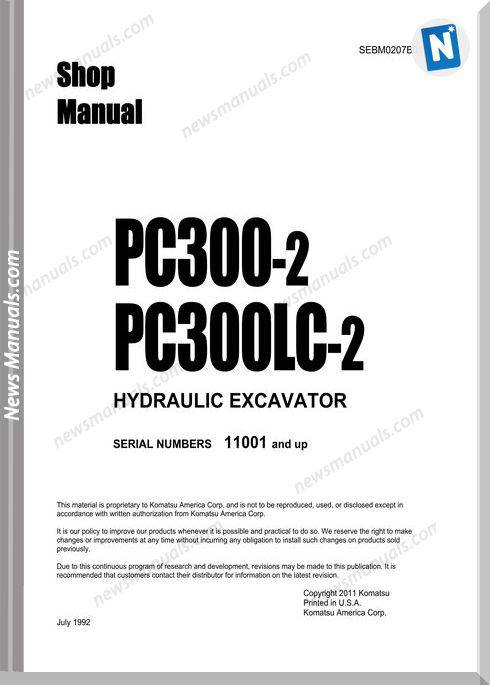 Komatsu Hydraulic Excavator Pc300-2 Shop Manual
