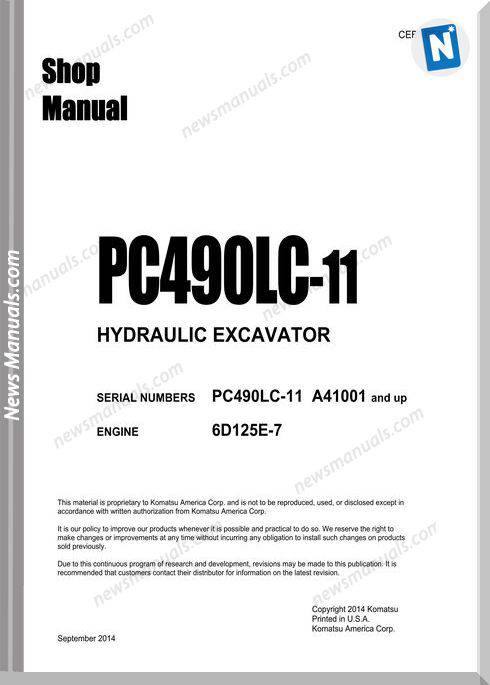 Komatsu Hydraulic Excavator Pc490Lc 11 Usa Shop Manual