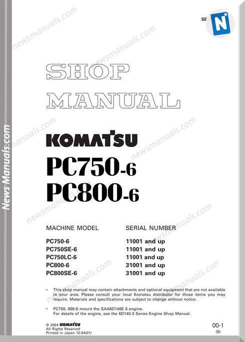 Komatsu Hydraulic Excavator Pc750 800 6 Shop Manual