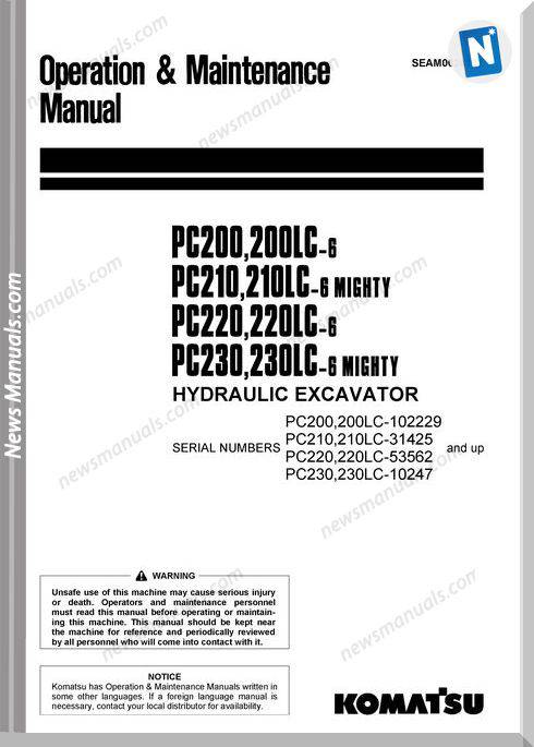 Komatsu Pc200 Pc210 Pc220 Pc230 6 Om Maintenance Manual
