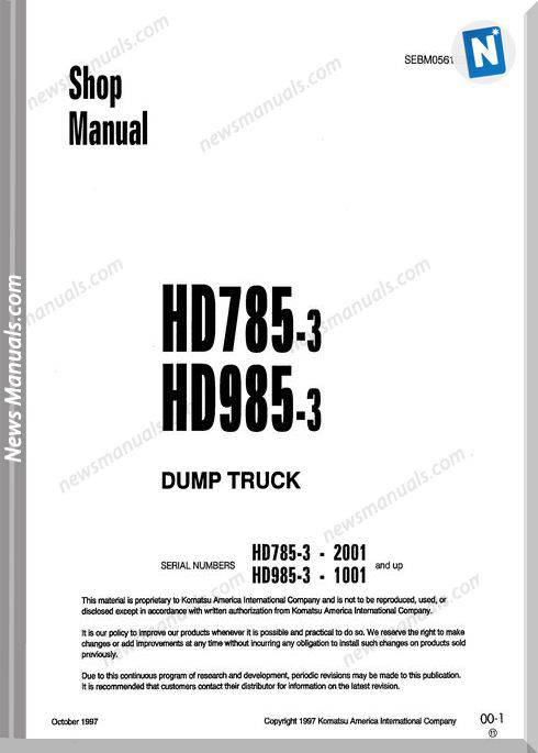 Komatsu Rigid Dump Trucks Hd985-3 Shop Manual