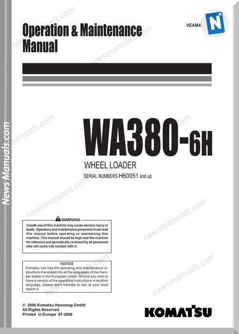 Komatsu Wheel Loader Wa380 6 Om And Maintenance Manual