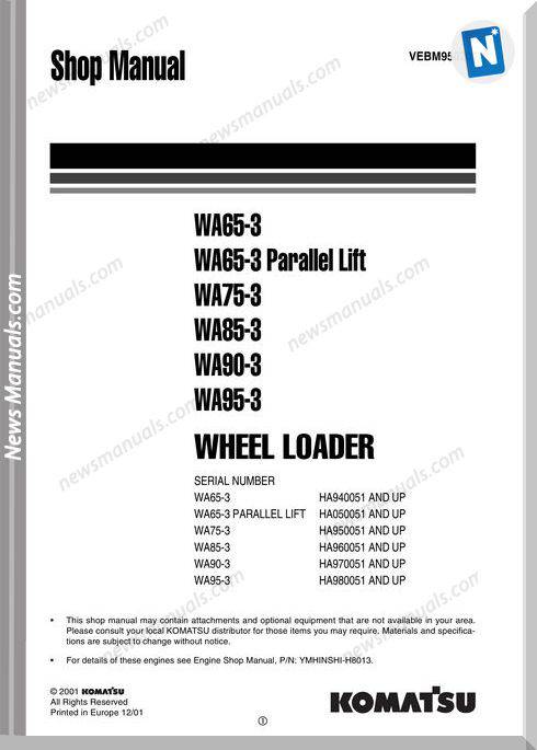 Komatsu Wheel Loader Wa65 95-3 Shop Manual