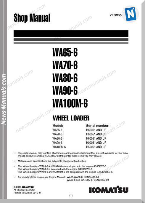 Komatsu Wheel Loaders Wa100M-6 Shop Manual