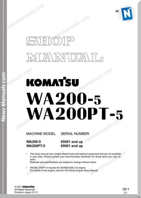 Komatsu Wheel Loaders Wa200Ptl-5 Shop Manual