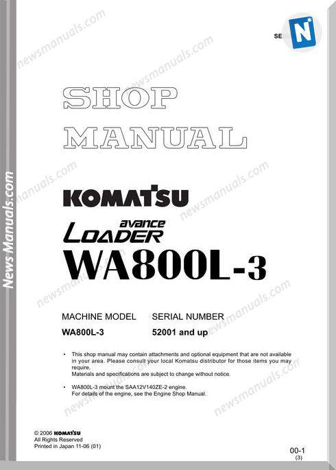 Komatsu Wheel Loaders Wa800L-3 Shop Manual