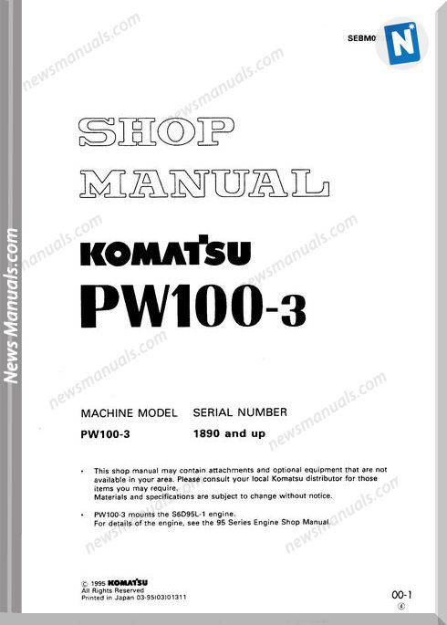 Komatsu Wheeled Excavators Pw100-3 Shop Manual