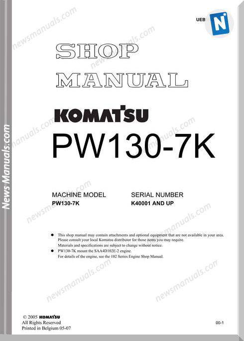 Komatsu Wheeled Excavators Pw130-7 Shop Manual