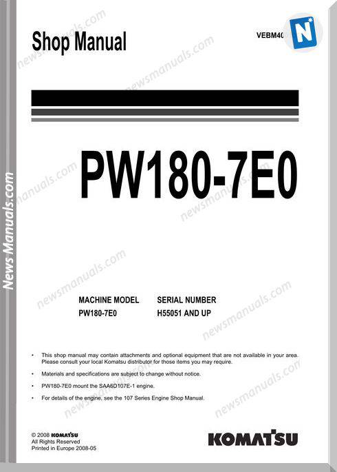 Komatsu Wheeled Excavators Pw180-7 Shop Manual