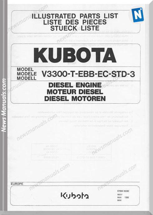 Kubota Diesel Engine V3300 T Ebb Ec Std Part Catalogue