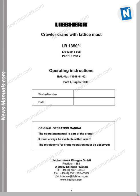 Liebherr Crawler Crane Lr1350 Operators Instructions