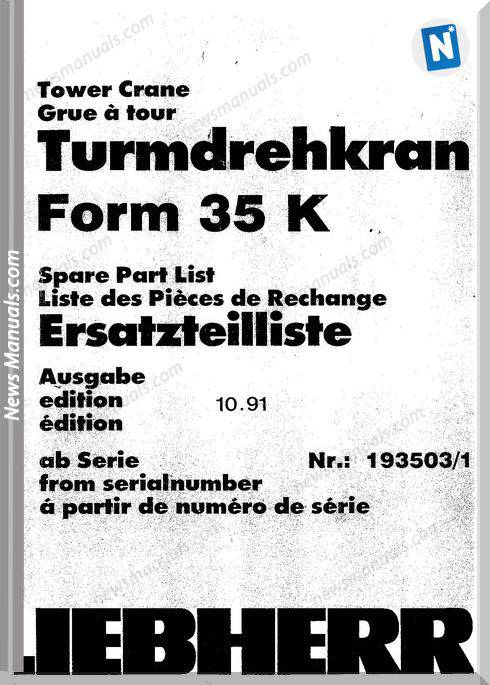 Liebherr Tumderhkran 35K Tower Crane Parts Catalogue