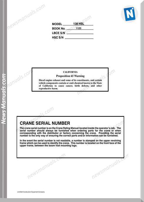 Linkbelt Crawler Crane 138Hsl Shop Manual