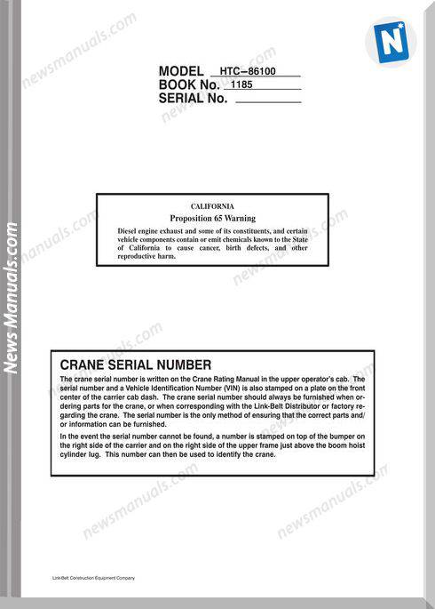 Linkbelt Htc86100 Operator S Manual