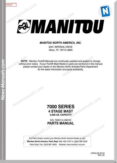 Manitou 7000 Series Rev04-02 Parts Manuals