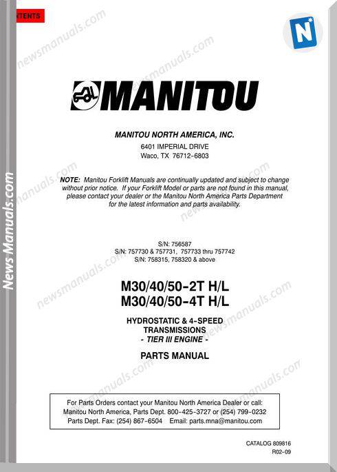 Manitou Forklift M30,M40,M50-756587,757730 Parts Manual