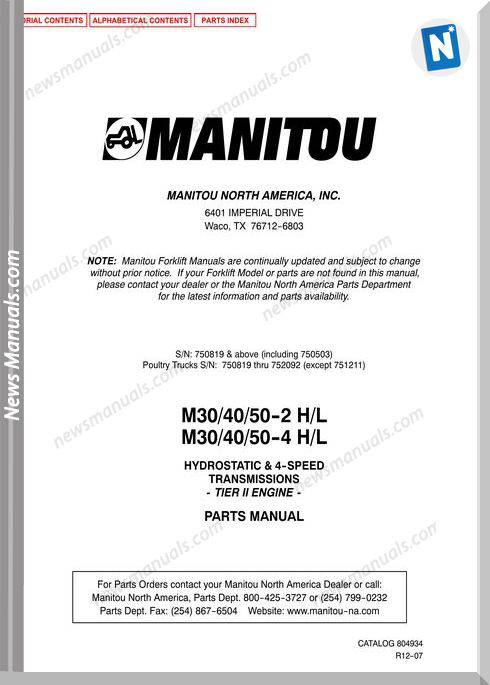 Manitou Forklift M30,M40,M50-804934D Parts Manuals