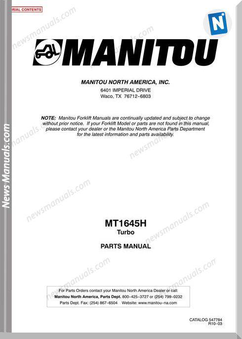 Manitou Forklift Mt1645Rev.10-03 Models Parts Manual