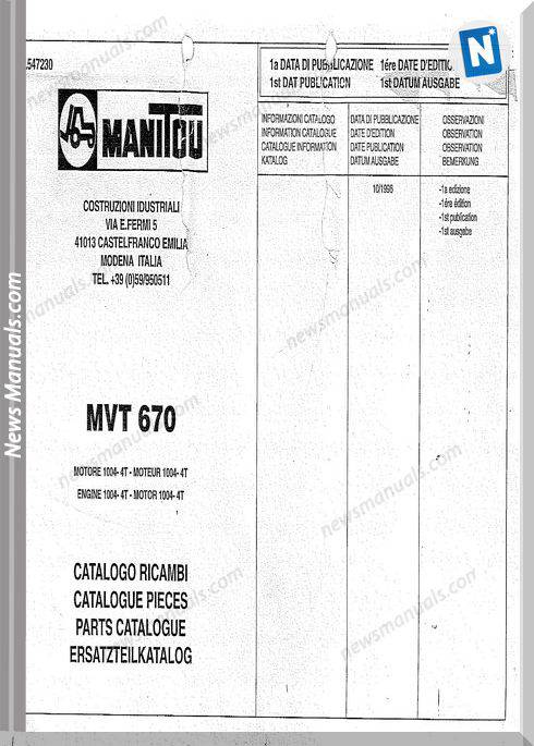 Manitou Forklift Mvt 670 547230 Models Parts Manual