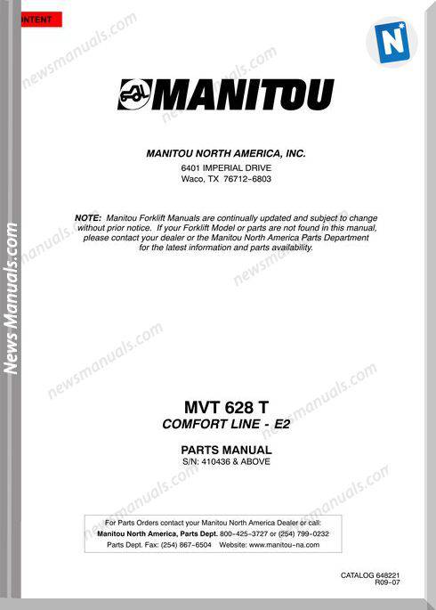 Manitou Forklift Mvt628Trev.09-07 Models Parts Manual