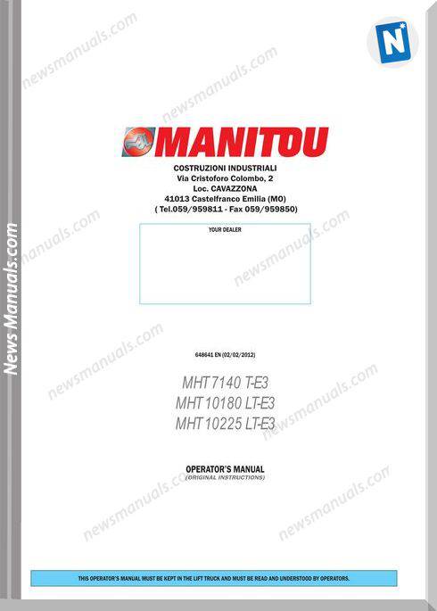 Manitou Mht10225Lt-648657D Handler Operator Manuals