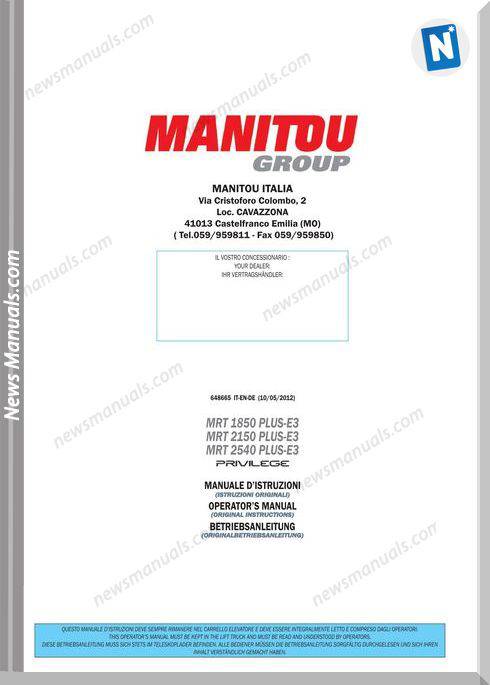 Manitou Mrt1850,Mrt2150,Mrt2540P-648665 Operator Manual