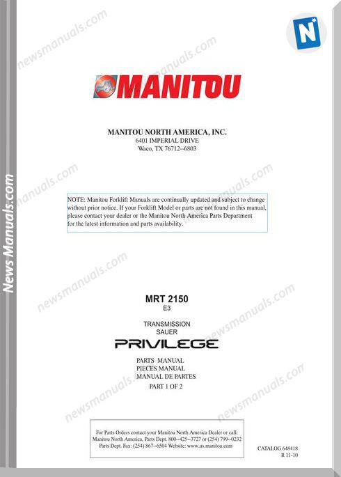 Manitou Mrt2150Rev.11-10 Telescopic Handler Part Manual