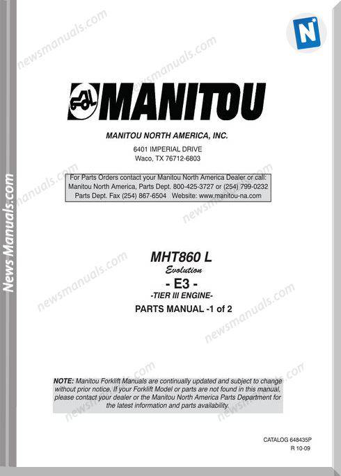 Manitou Telescopic Mht 860L E3 Tier Iii Parts Manuals