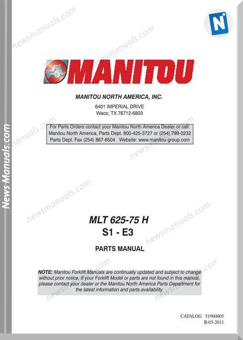 Manitou Telescopic Mlt 625-75 H Series 1 E3 Part Manual