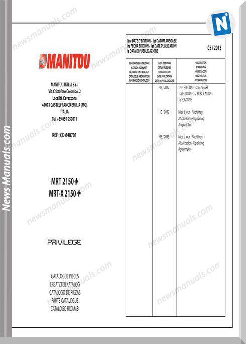 Manitou Telescopico Mrt 2150+ Mrt-X2150+ Parts Manuals