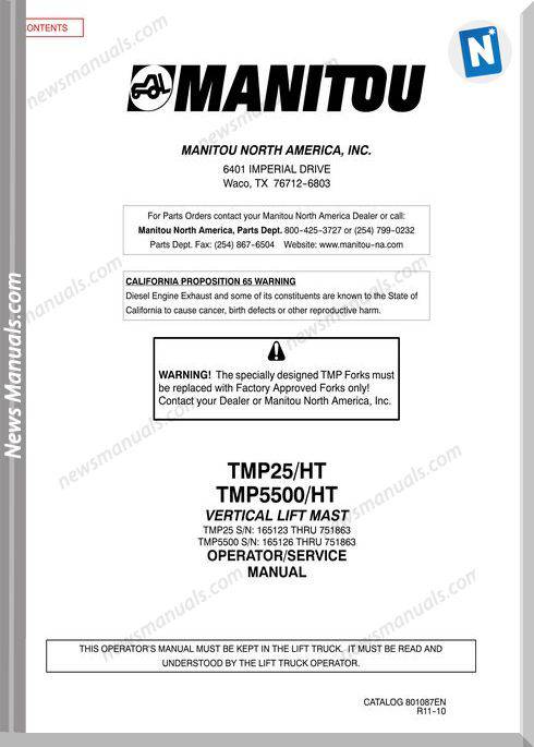 Manitou Tmp25,Tmt5500-801087End Rev 11 Operation Manual