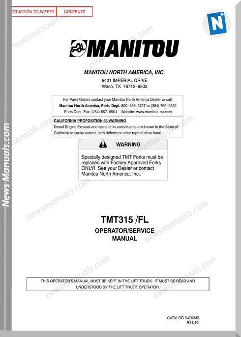 Manitou Tmt315Fl-547633Sd Rev.11-10 Operator Manuals
