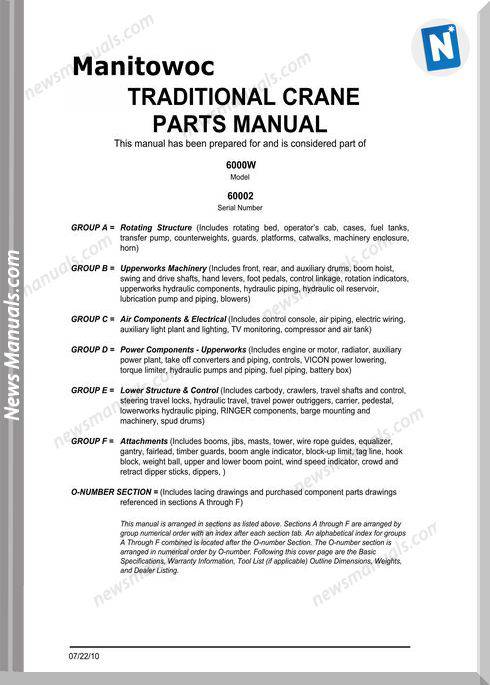 Manitowoc Crane 6000W Models 60002 Parts Manual