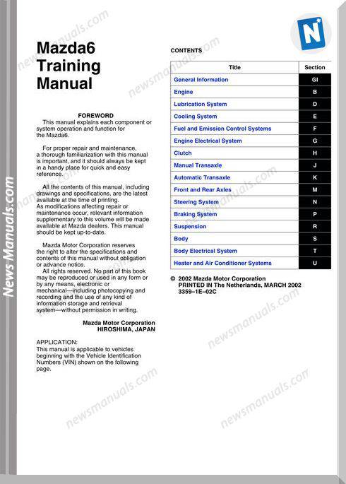 Mazda 6 2002 Training Manual