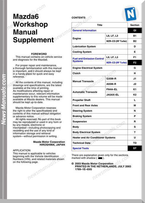 Mazda 6 Supplement 2003 Workshop Manual