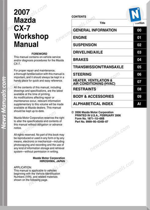 Mazda Cx7 2007 Workshop Manual