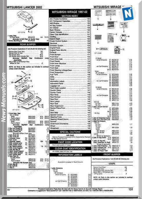 Mitsubishi Lancer Parts Listing Complete 97 2002