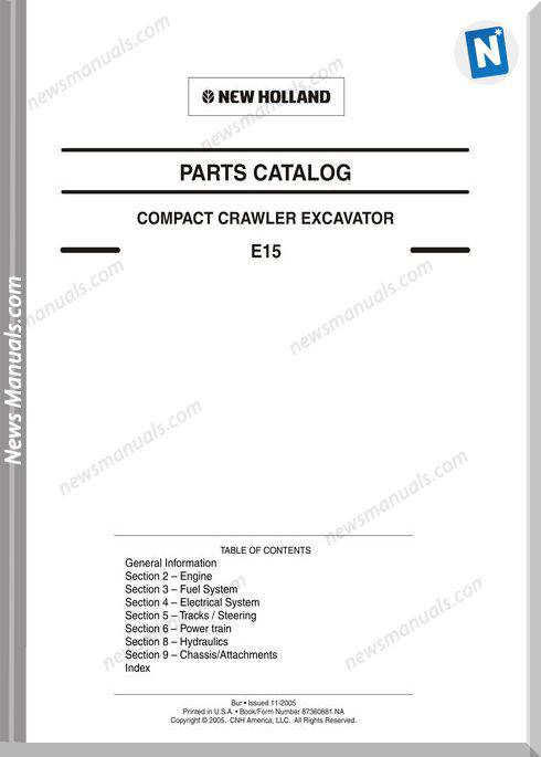 New Holland E15 Compact Crawler Excavator Parts Manual