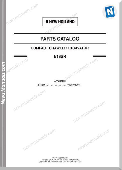 New Holland E18Sr Compact Crawler Excavator Part Manual