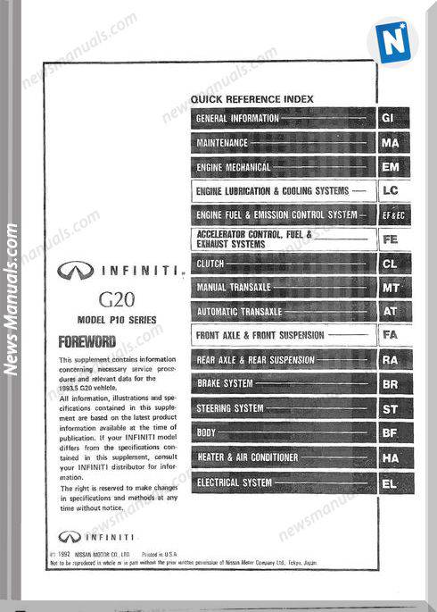 Nissan G20 Supp 1993 Factory Shop Manual