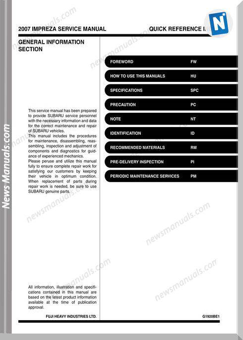 Subaru Impreza G11 2007 Service Manual