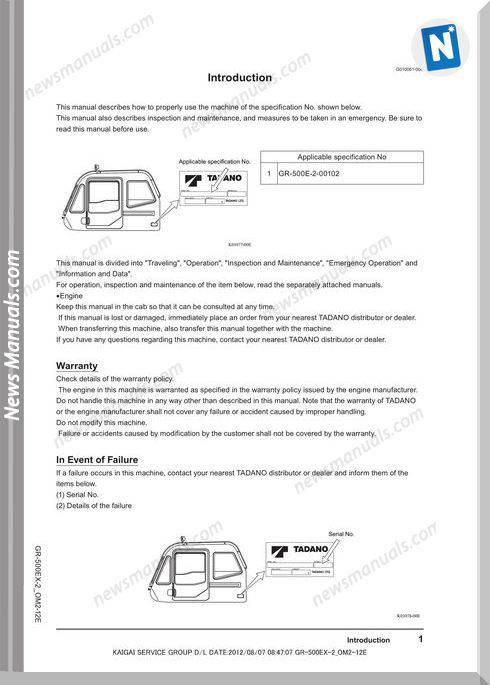 Tadano Gr-550Ex-2 Operation And Maintenance Manual