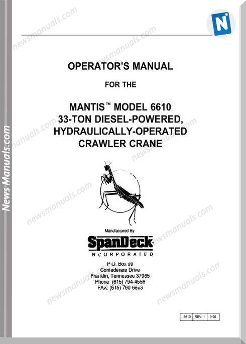 Tadano Mantis Crawler Crane Model 6610 Operator Manual
